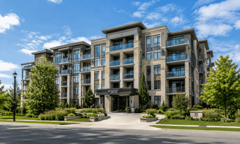 Modern condominium building with landscaped grounds and common areas