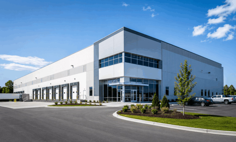Modern industrial and distribution property with maintained exterior grounds
