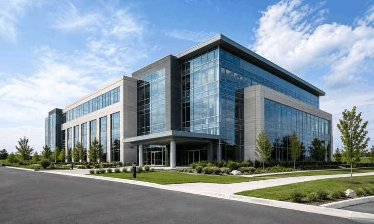 Modern office building surrounded by professionally maintained landscaping