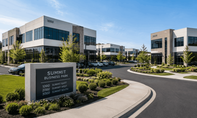 Commercial business park with multiple buildings and professionally maintained grounds