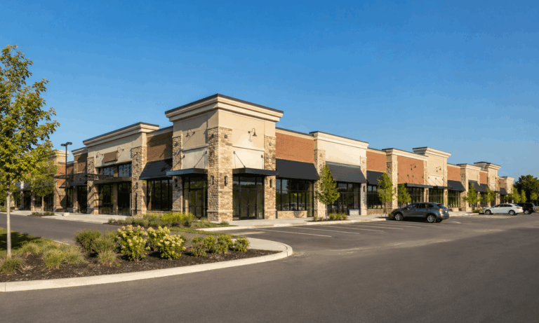 Landscaped shopping plaza with storefronts and an open parking area